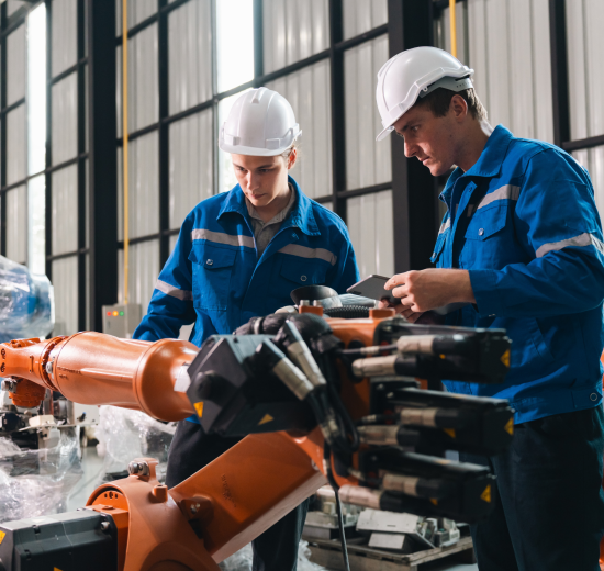 Zwei Männer arbeiten in einer Fabrik an einer Maschine.