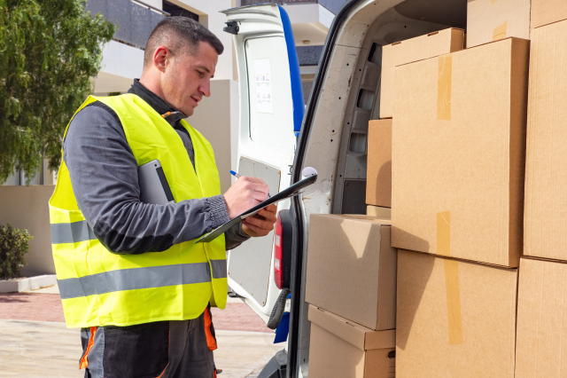 Ein Paketzusteller neben seinem vollgepakten Lieferwagen.