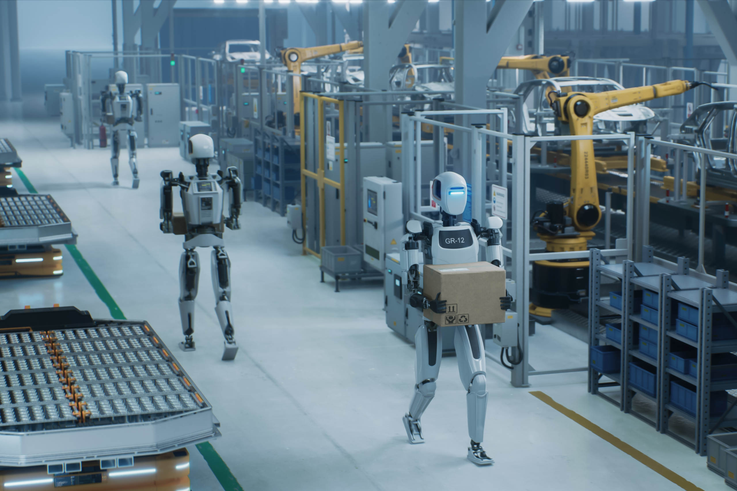 Humanoide Roboter tragen Pakete durch eine Arbeitshalle.